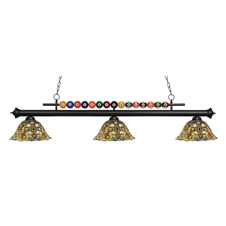 Z-Lite Shark 3 Light Billiard Light, Matte Black & Multi Colored Tiffany 170MB-R14A
